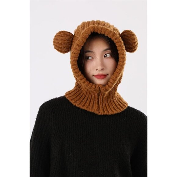 Women\'s Coffee Cute Bear Balaclava Warm Hooded Scarf Beanie Hat Skull Pullover main image 4